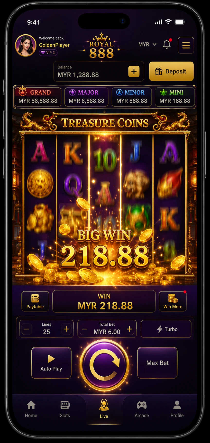 Antara muka slot Mega888 semasa dimainkan