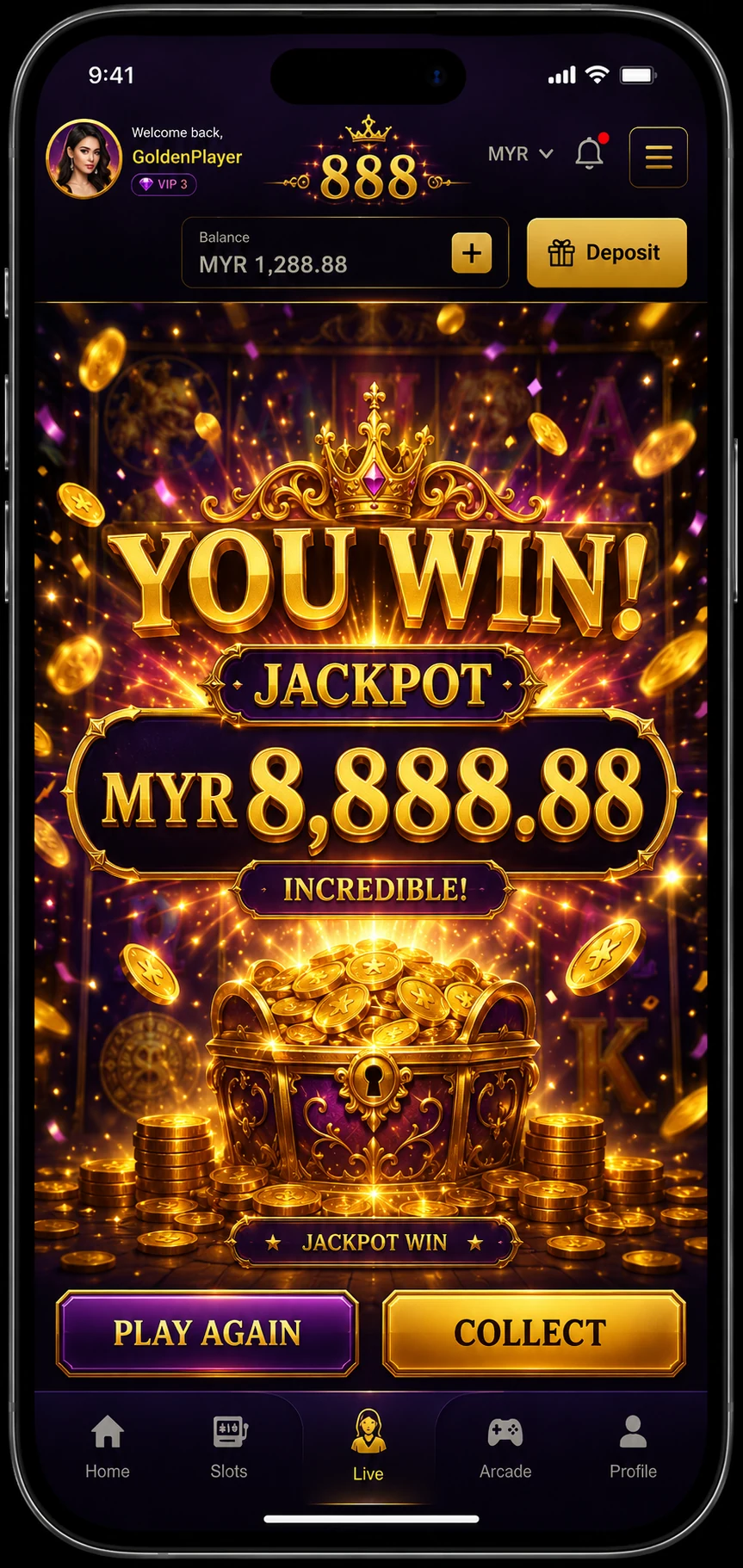 Skrin kemenangan jackpot Mega888